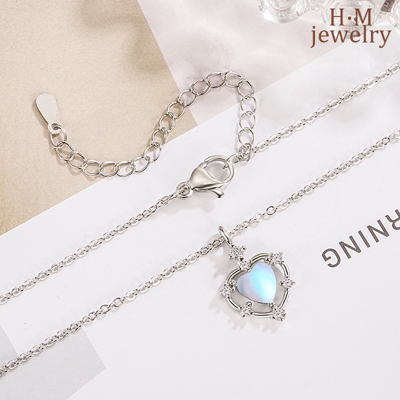 S925 Perak Sederhana Fashion Moonstone Love AAA Zirkon Liontin Kalung