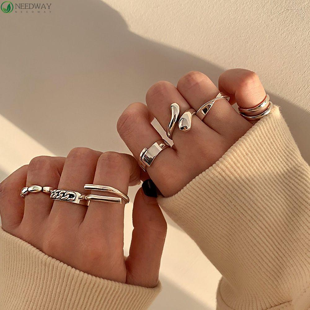 Needway Set Cincin Terbuka Trendi Retro Twist Hollow Gaya Punk Perhiasan Hadiah Perempuan Jari Cincin