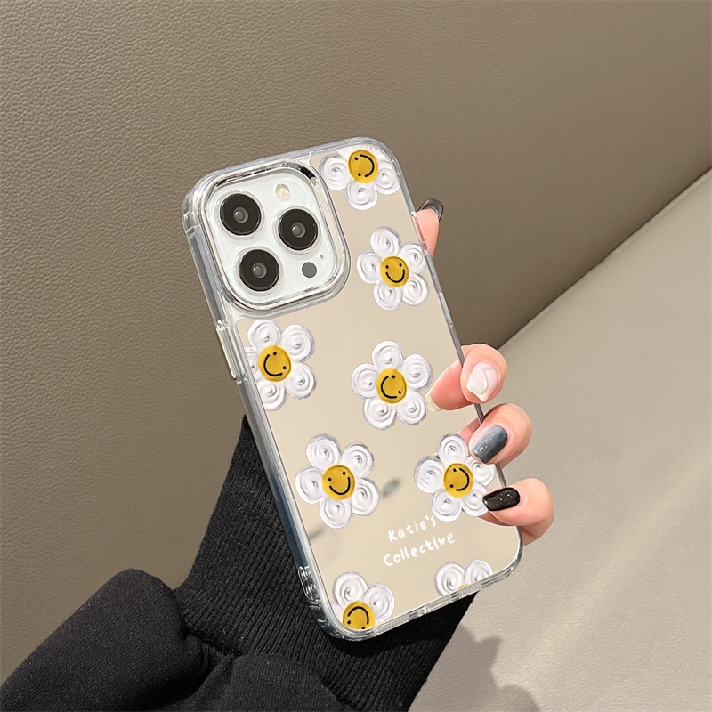 IPHONE Tulis Emoji Flower Mirror Phone Case Kompatibel Untuk Iphone11 12 13 14 12Pro 13Pro 14Pro Pro Max XR X XS Max Electroplating Tombol Perlindungan Mirror Cover