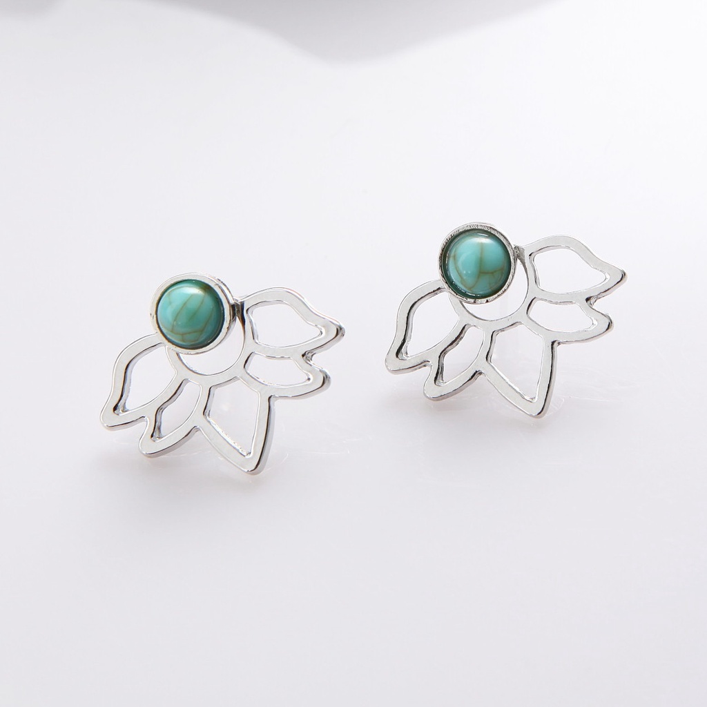 [FRA] Eropa Dan Amerika retro turquoise lotus petal Berongga Daun Anting earrings