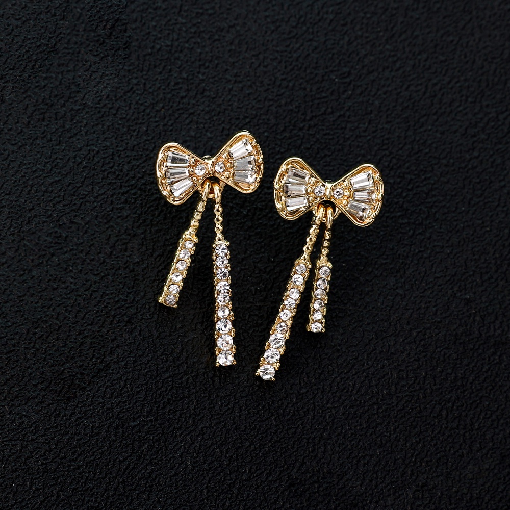 Anting Busur Warna Emas Sederhana Elegent Kristal Ikatan Simpul Studs Zirkon Rumbai Drop Earrings Pesta Pernikahan Wanita Perhiasan