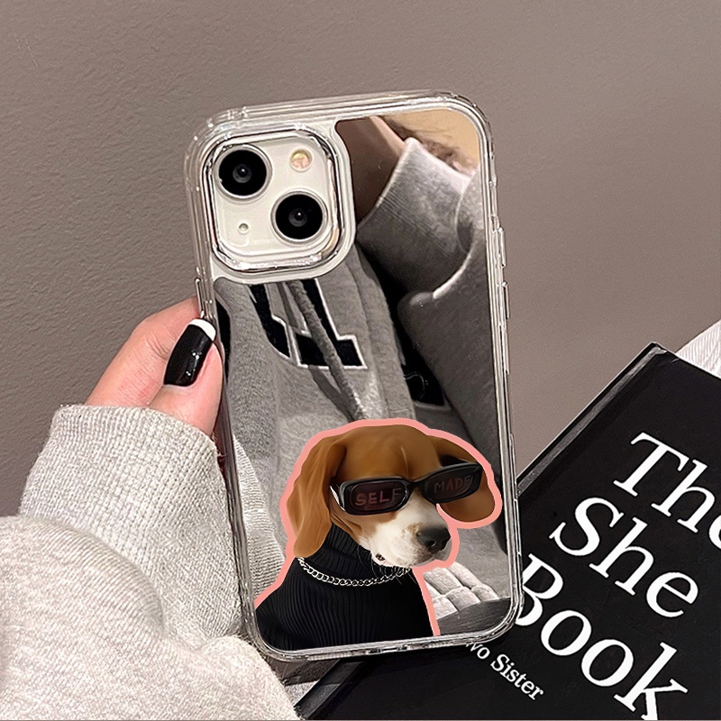 IPHONE Kacamata Hitam Keren Dog Mirror Phone Case Kompatibel Untuk Iphone11 12 13 14 12Pro 13Pro 14Pro Pro Max XR X XS Max Electroplating Tombol Perlindungan Mirror Cover