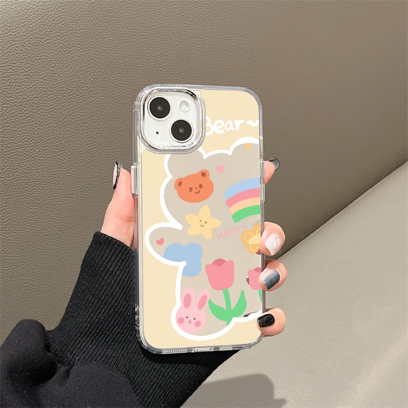 IPHONE Happy Bunny Bear Mirror Phone Case Kompatibel Untuk Iphone11 12 13 14 12Pro 13Pro 14Pro Pro Max XR X XS Max Electroplating Tombol Perlindungan Mirror Cover