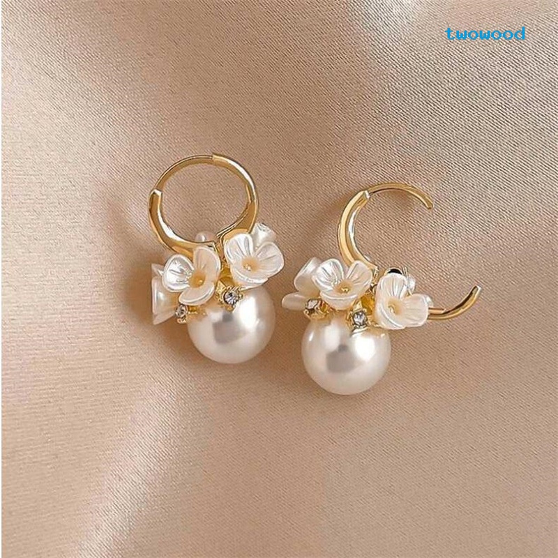 Twowood Exquisite Shell Flower Basket Mutiara Dan Berlian Anting