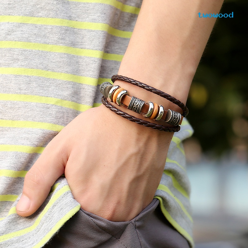 Twowood Gelang Kulit multi-Lapis Tangan-Lapis fashion Eropa Dan Amerika Dan Populer Perhiasan Gelang Pria