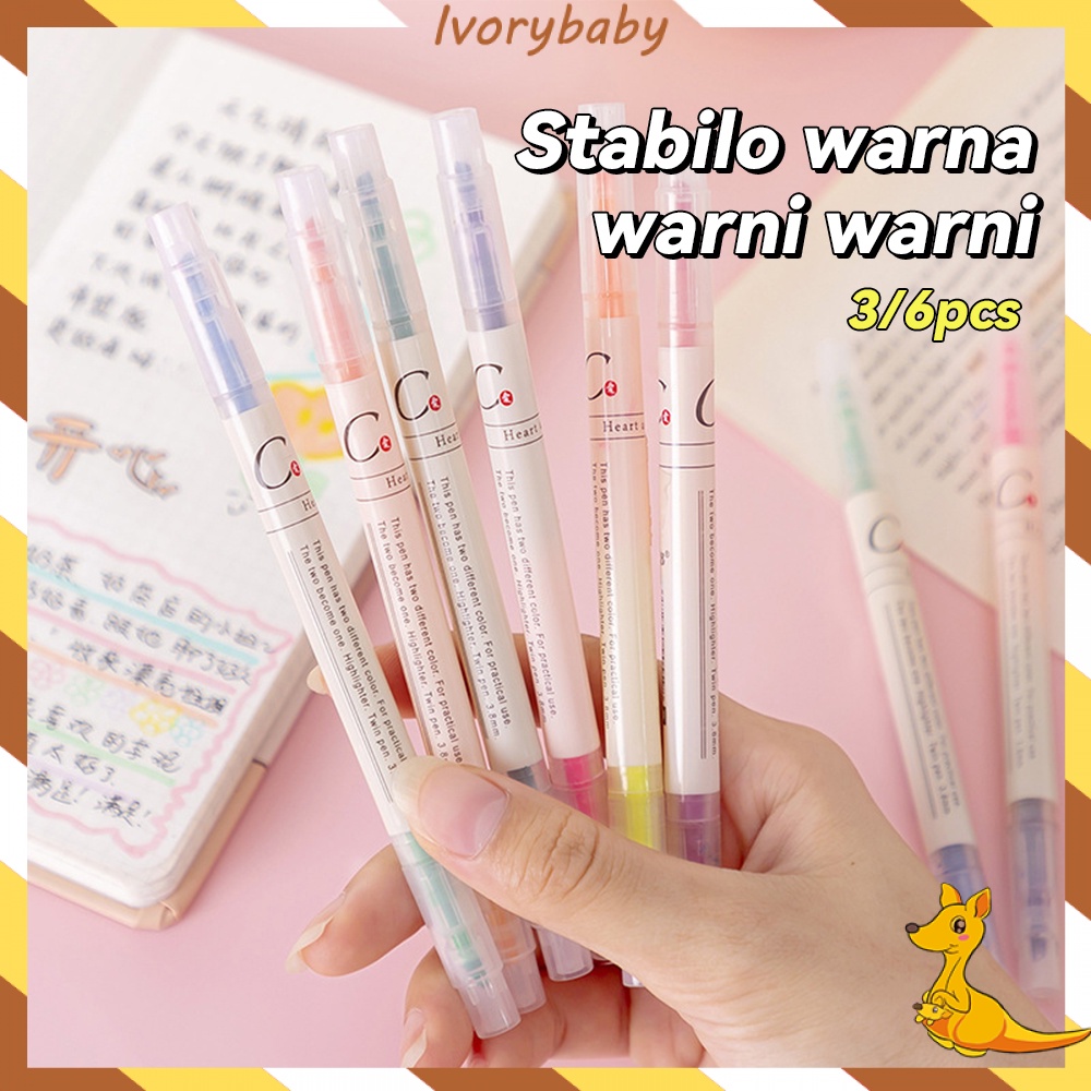 Ivorybaby Highlighter pen Stabilo Panjang 6 Warna dan 12 warna Stabilo warna warni 2arah