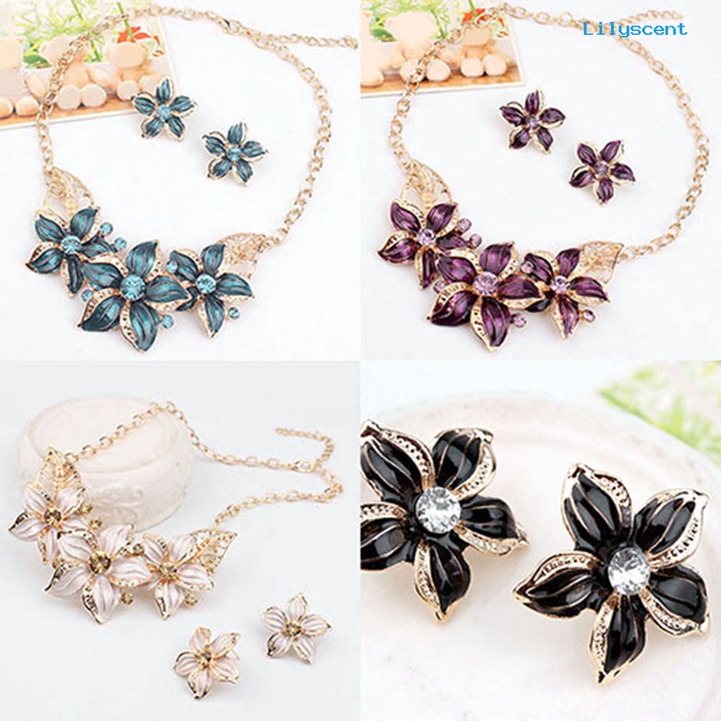 [LS]Fashion Wanita Berlian Imitasi Bunga Statement Liontin Kalung Anting Perhiasan Set