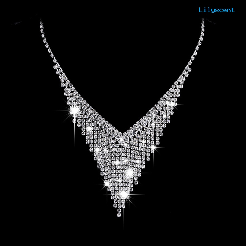 [LS]1 Set Anting Pengantin Kalung Set Berlian Imitasi Jumbai Perhiasan Berongga Keluar Shiny Choker Necklace Earrings Untuk Pernikahan