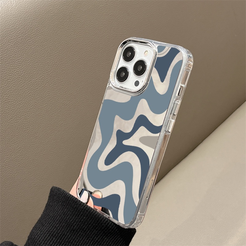 IPHONE Art Abu-Abu Biru Lukisan Cermin Ponsel Case Kompatibel Untuk Iphone11 12 13 14 12Pro 13Pro 14Pro Pro Max XR X XS Max Electroplating Tombol Perlindungan Mirror Cover