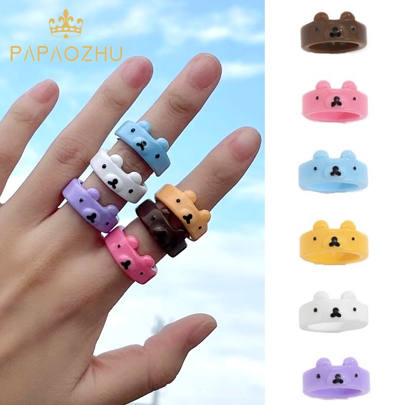 Papaozhu Korea Lucu Beruang Warna-Warni Cincin Untuk Wanita Gadis Anak Indah Kartun Resin Jari Rings Persahabatan Pasangan Cincin Perhiasan Hadiah