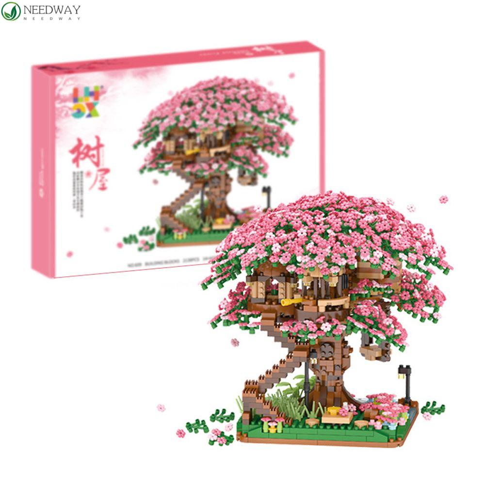 NEEDWAY Blok Rumah Pohon Sakura Dekompresi Puzzle Intelijen Jepang Edukasi Dini Mainan Anak Laki-Laki Hadiah DIY Majelis Build-bricks Set Model Bunga Sakura