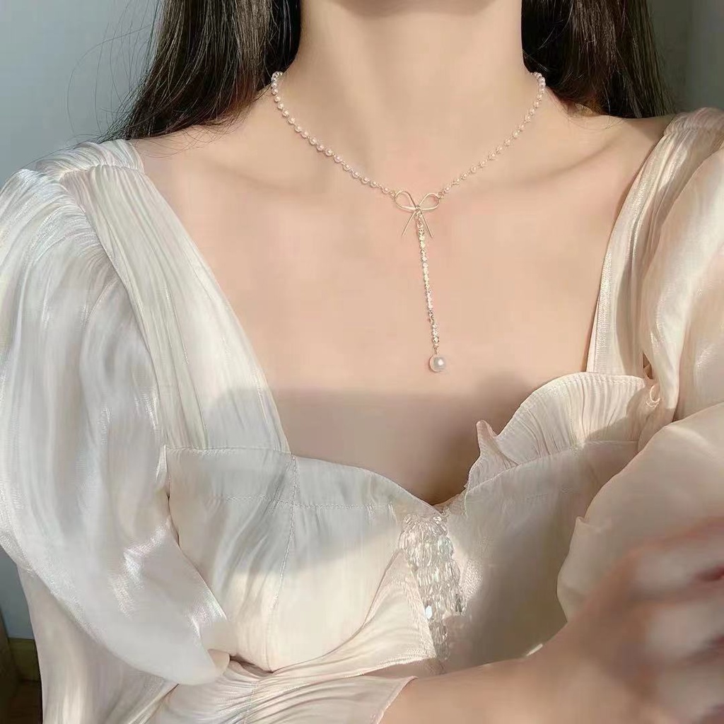 Peri Niche choker Busur Mutiara Kalung Perempuan ins Gaya Keren Sederhana Klavikula Rantai Kalung Perempuan