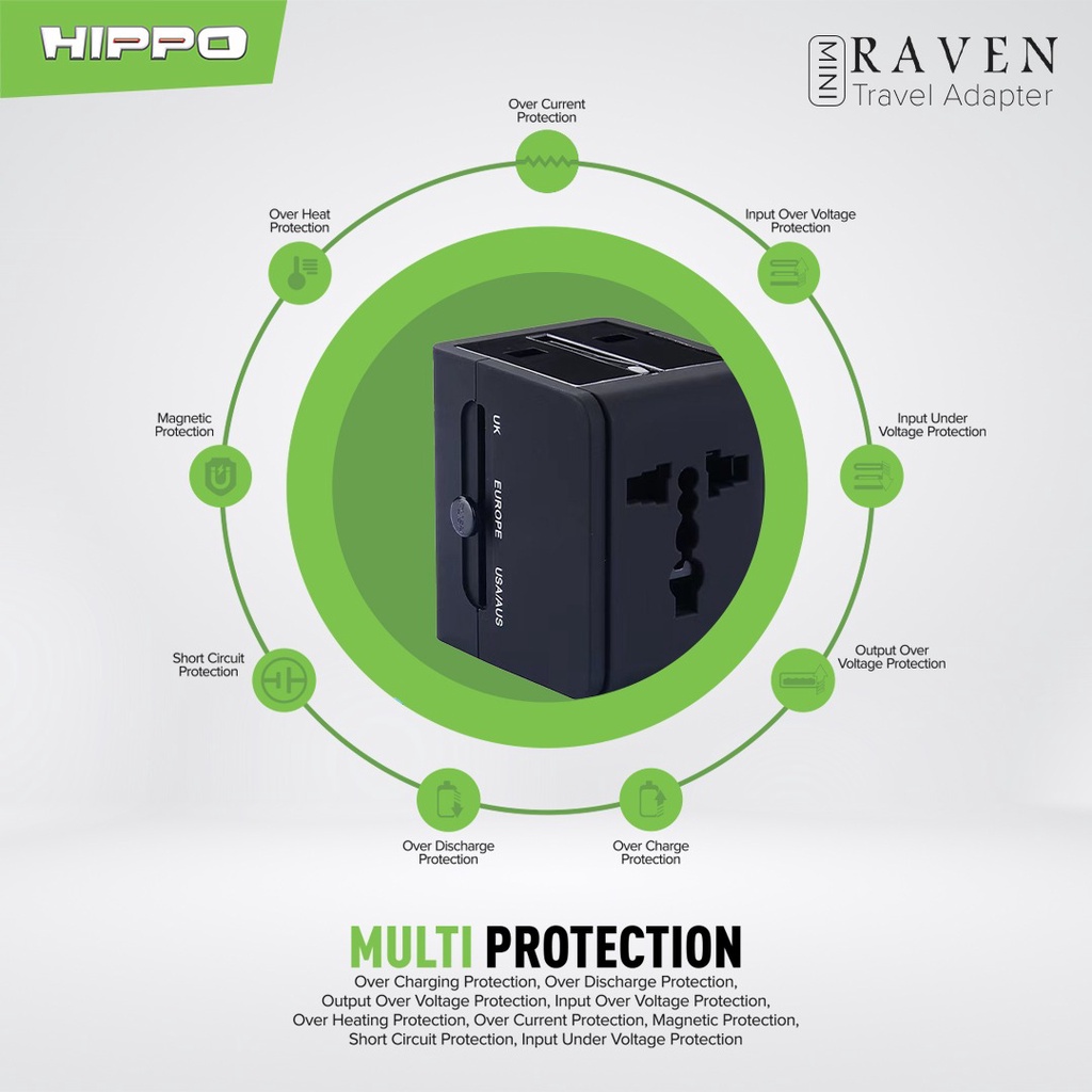 Hippo Travel Adapter Raven Mini (4 USB A + 1 USB C) Black Travel Charger Dual USB 12W (US/AU/EU/UK)