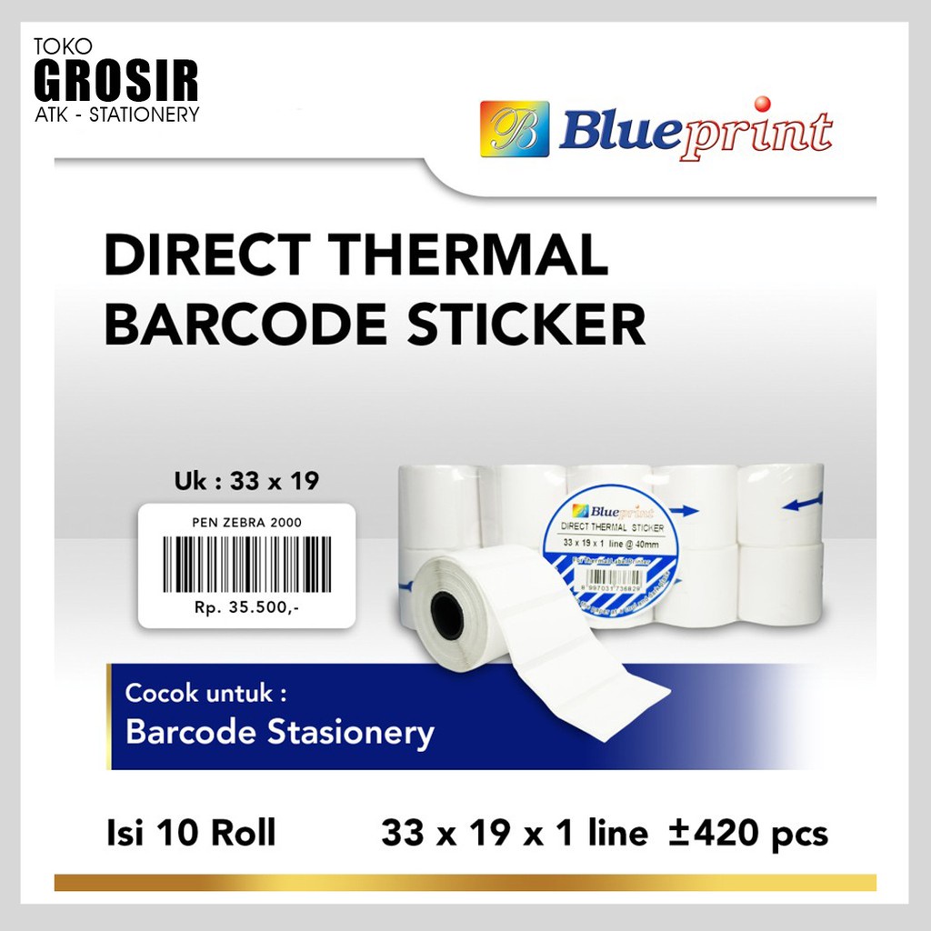 

33x19 (1 PACK) Kertas Thermal Sticker Barcode Stiker Label Termal BLUEPRINT Paper Roll ≈ 58MM 2