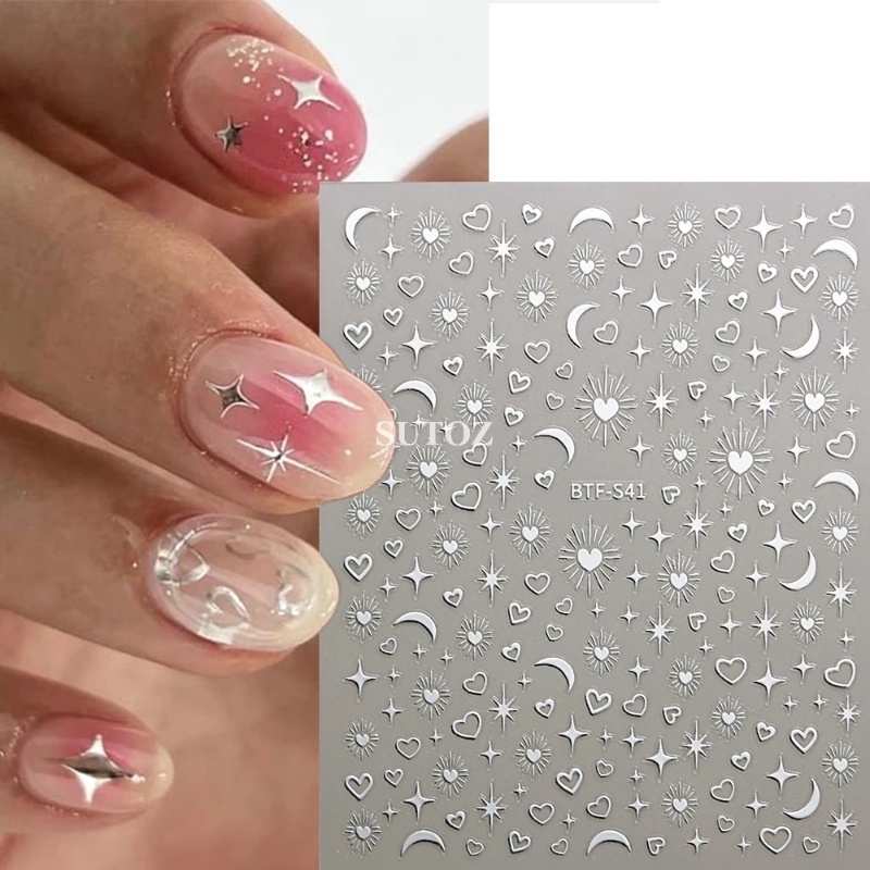 [Fitur] 1pc Self-Adhesive 3D Cinta Kuku Decals/Ins Sepuhan Stiker Kuku Bulan Bintang/Emas Perak Manicure Decor/DIY Nail Art/Aksesoris Kuku/Alat Kuku Perempuan