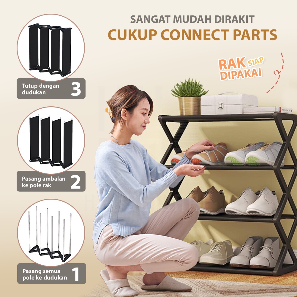 HUGO Rak Sepatu Portable 4 Susun Tempat Sepatu Sandal Serbaguna Minimalis Stainless Steel Kokoh