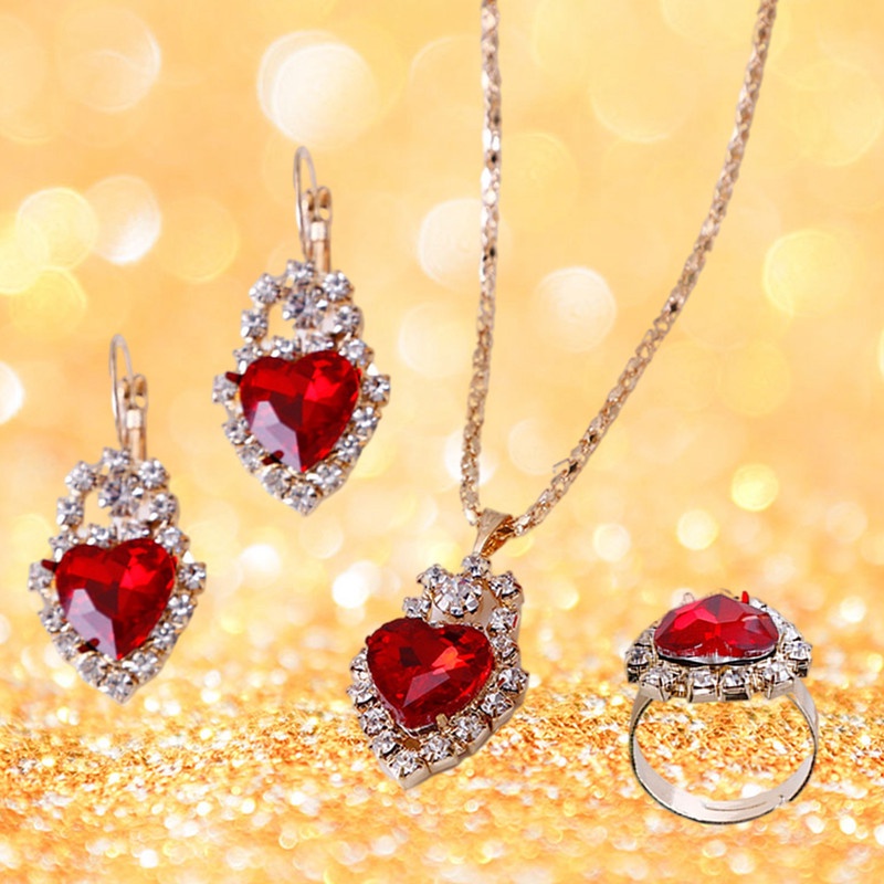 Kalung Liontin Anting Cincin Set Untuk Wanita Gadis Fashion Berlian Imitasi Cinta Hati Kristal Perhiasan Leher Rantai Telinga Cincin Emas Pribadi Penuh Berlian Klip Telinga Hadiah Untuk Her