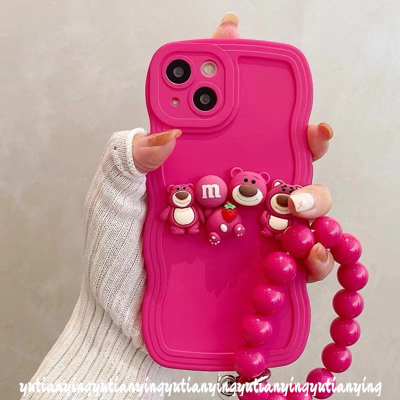 Shockproof Simple Wave Edge Bead Bracelet Case Compatible for IPhone 7 6s 8 6 Plus XR XS X MAX 11 13 12 14 Pro Max SE 2020 3D Cute Lotso Decor Soft Back Case with Heart Bracelet