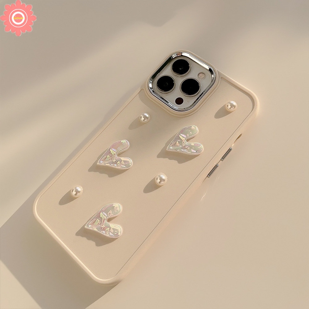 3D Pearl Romantic Love Heart Electroplate Case Compatible for IPhone 11 13 14 12 Pro Max 7plus 8plus XR X 7 8 14 Plus XS MAX Luxury Solid Color Plating Shockproof Soft Case