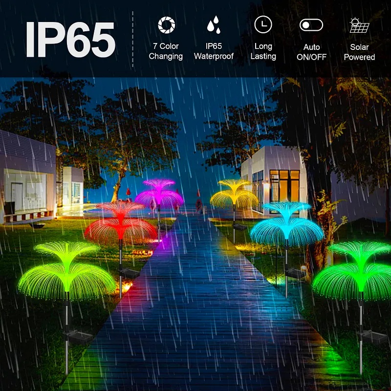 Creative Solar Powered Colorful Double Layers Jellyfish Light/ Colour Change Glowing Reeds Fibre Optic Lamp/ Outdoor Garden Decorative Landscape Lights