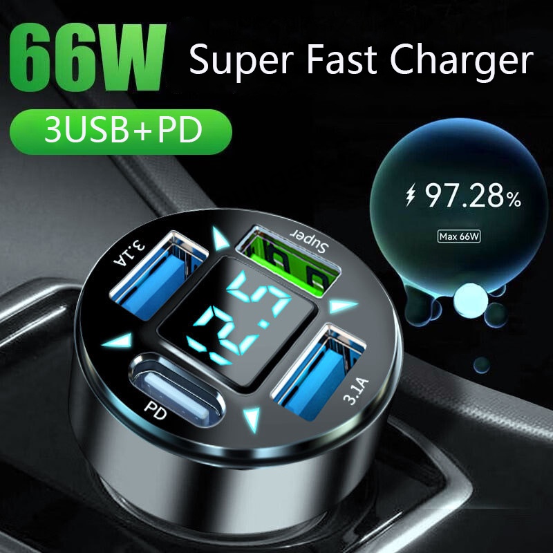 66w 4in1 Tampilan Digital Adaptor Perjalanan Pengisian Super Cepat 3USB+PD Charger Kendaraan Dengan Tegangan 4USB Travel Adoptor