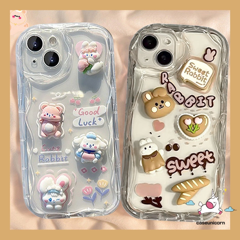 Cute Rabbit Doodle 3D Steric Doll Bread Puppy Case Untuk Realme C53 C55 6i 9i 5s 7i 5i 5c31 C25s C25 C12 C3 C35 C11 C21Y C15 C20 C25Y C30 C21 C17 C3 C20A 3D Wavy Curved Edge Case