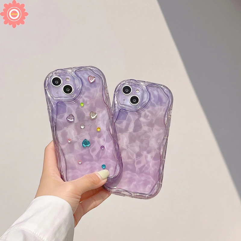 Case Kompatibel Untuk iPhone 7Plus 11 13 14 12 Pro Max XR X8 6 7 6s Plus XS Max Se2020 3D Wavy Curved Edge Art Water Ripple Gradient Purple Pink Case Dengan Stiker Berlian