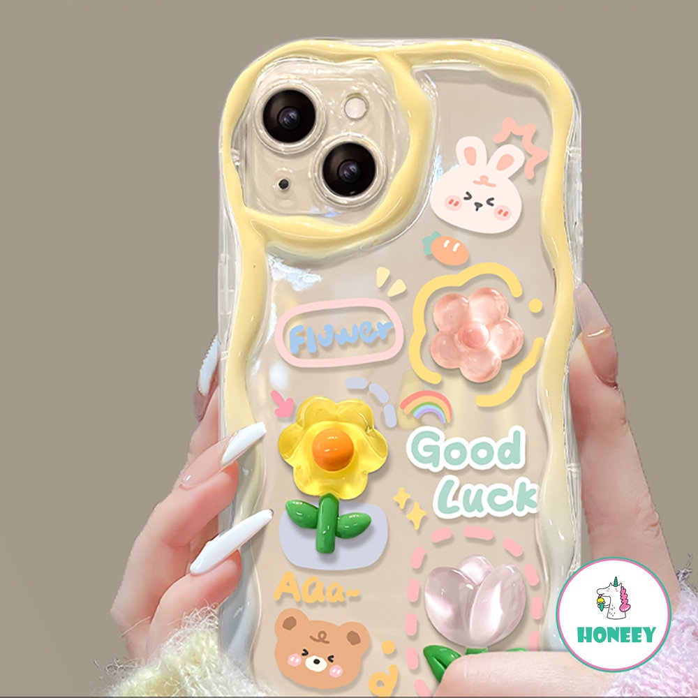 IPHONE Korea 3D Beruang Kelinci Bunga Telepon Rantai Lanyard Bening Soft Case Untuk Iphone11 14 Pro Max12 13 Pro Max Mewah Lucu Penutup Belakang