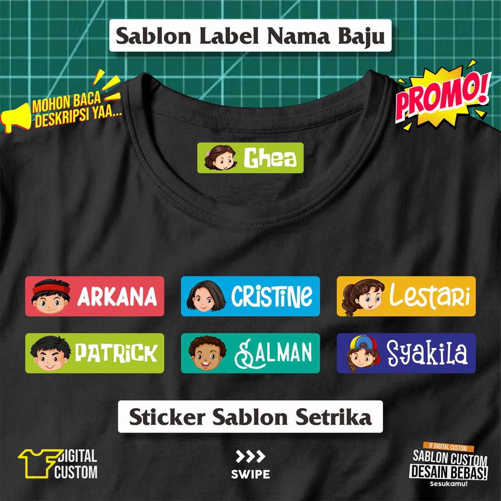 

Stiker Kain Label Nama Baju Karakter Anak Sekolah Pesantren Asrama Name Tag Laundry Sticker Sablon Setrika DTF IF Digital Custom Siap Press