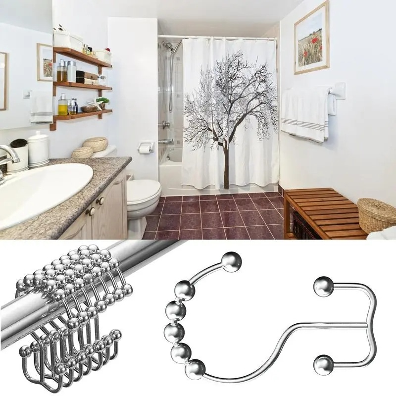 Shower Curtain Rings Metal Anti Karat Double Shower Hook/Stainless Steel Roller Double Hooks/Tirai Kamar Mandi Rolling Shower Curtain Hooks Ring/Aksesoris Kamar Mandi/