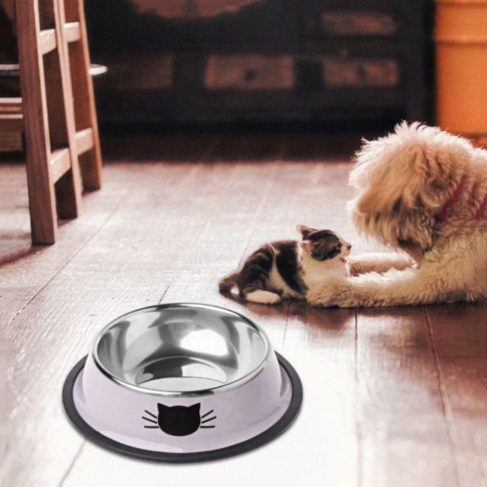 Non-slip Pola Wajah Kucing Stainless Steel Pet Bowl, Non-slip Pola Wajah Kucing Stainless Steel Pet Bowl, Aksesoris Kucing Tidak Karat Stainless Steel Karet Dasar Kucing Water Bowl Puppy