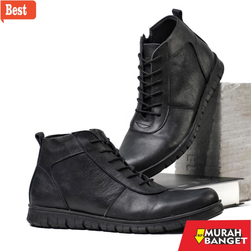 Boot pria terbaru- Warka - Cavan Sepatu Boot Pantofel Pria Resleting kulit Asli - Hitam