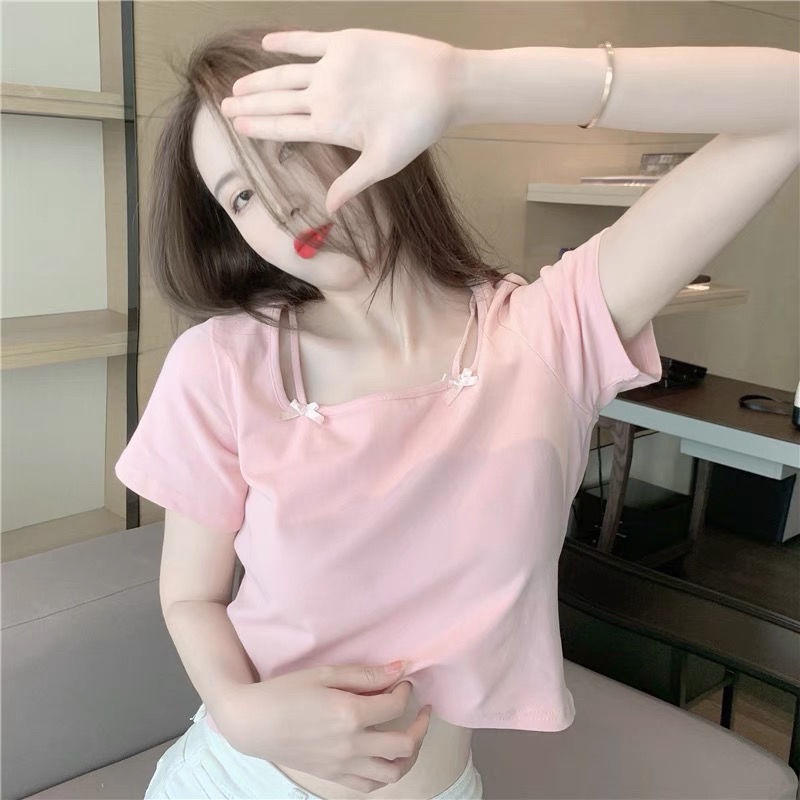 Aroana Musim Panas Baru Gadis Panas Gaya Hyuna Merah Muda Kerah Persegi Lengan Pendek T-shirt Wanita