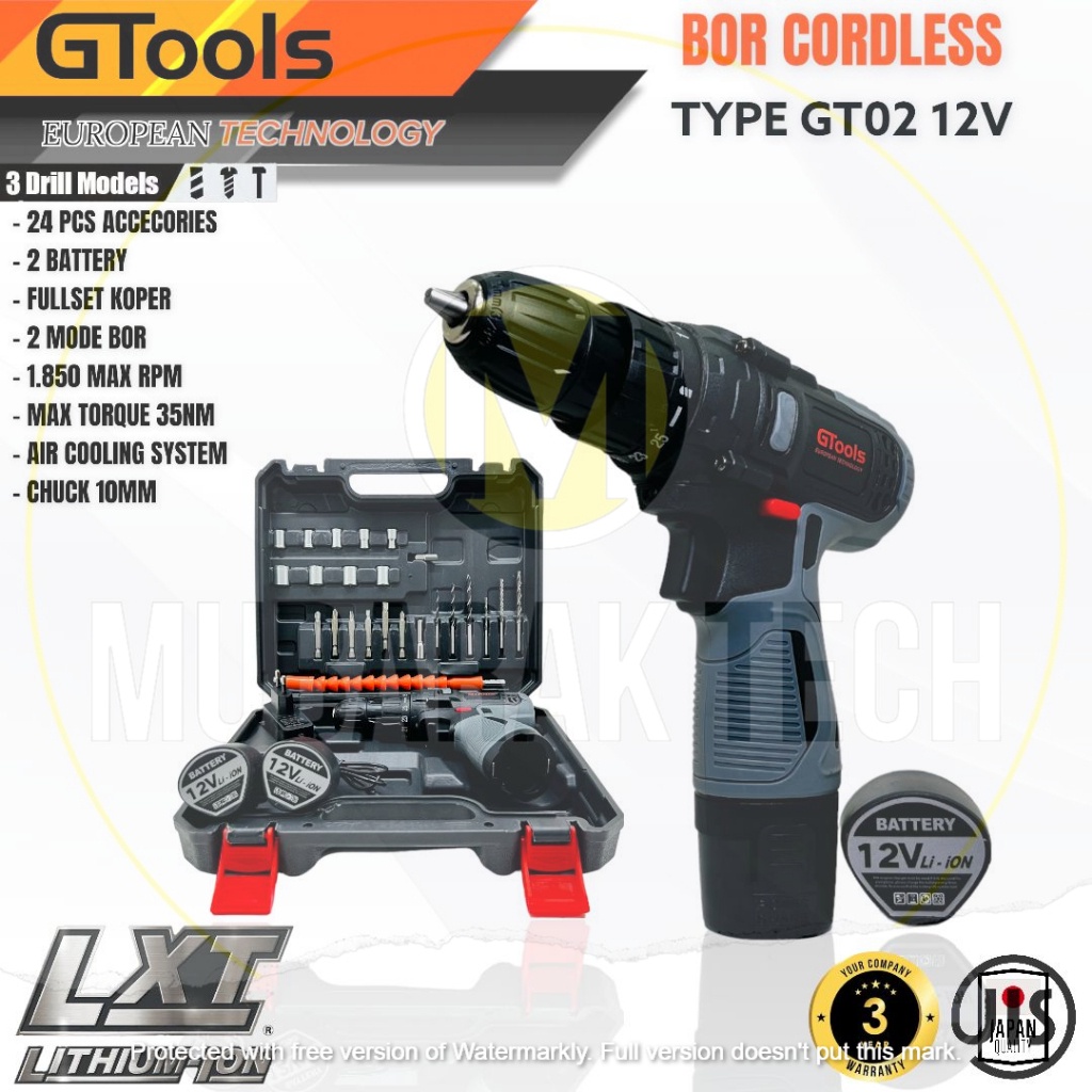 Mesin Bor Tangan Cordless GTools GT02 10mm 12Vf 2 Baterai Koper