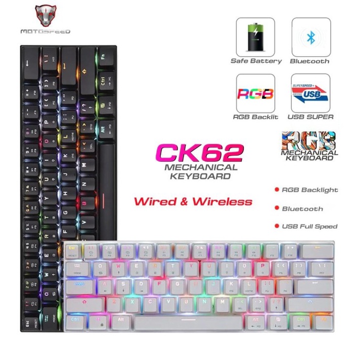 MECHANICAL KEYBOARD MOTOSPEED CK62 RGB 60% 2 MODE WIRED AND BLUETOOTH - Hitam, RED SWITCH