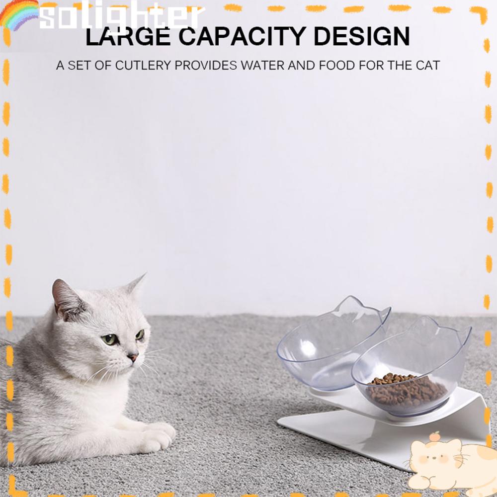 Solighter Cats Bowl With Holder Anti slip Miring Transparan Mangkuk Air Makanan Kucing Piring Telinga Kucing Berbentuk