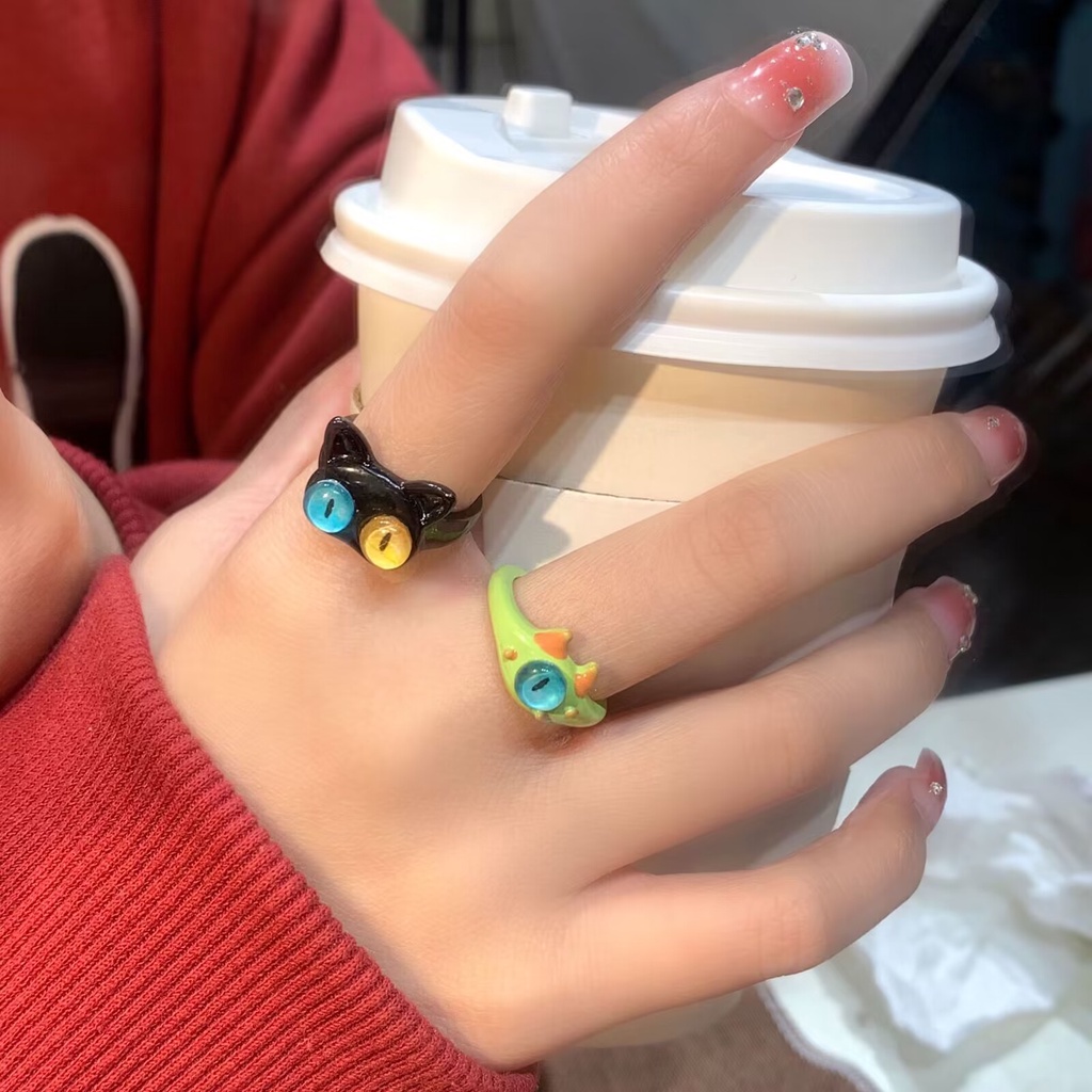 Cincin Monster Kecil Kucing Hitam Lucu Mata Besar Manis Keren Kartun Lucu Pacar Pasangan Cincin Hadiah Perhiasan