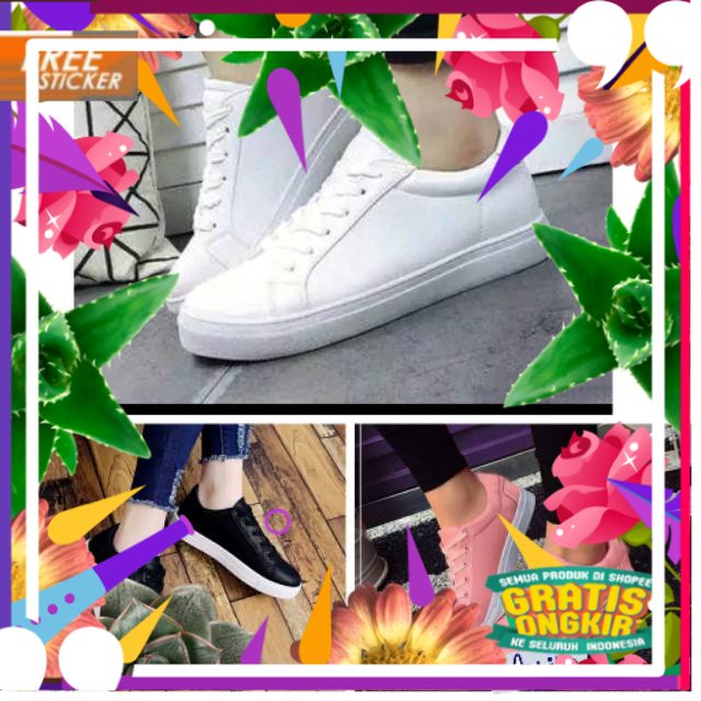 Sepatu Sneakers Pria Wanita Putih Hitam Pink Polos/ Sepatu Kets Kasual Sekolah Cewek Cowok SMP SMA K