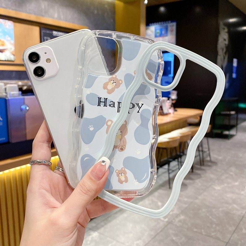 Happy Brown Bear 2in1 Wave Soft Case HP iP iPhone 14 13 12 11 Pro X XS XR Max 7 8 + Plus Blue White FTD Casing