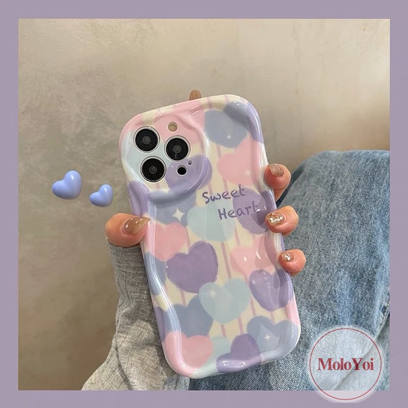 IPHONE Ins Lukisan Cat Minyak Cinta Hati Casing Kompatibel Untuk Iphone11 13 12 14 Pro Max XR 7plus 6s 6 7 8 Plus X XS Max SE 2020 Tpu Lembut Shockproof Airbag Glossy 3D Wavy Curved Edge Case