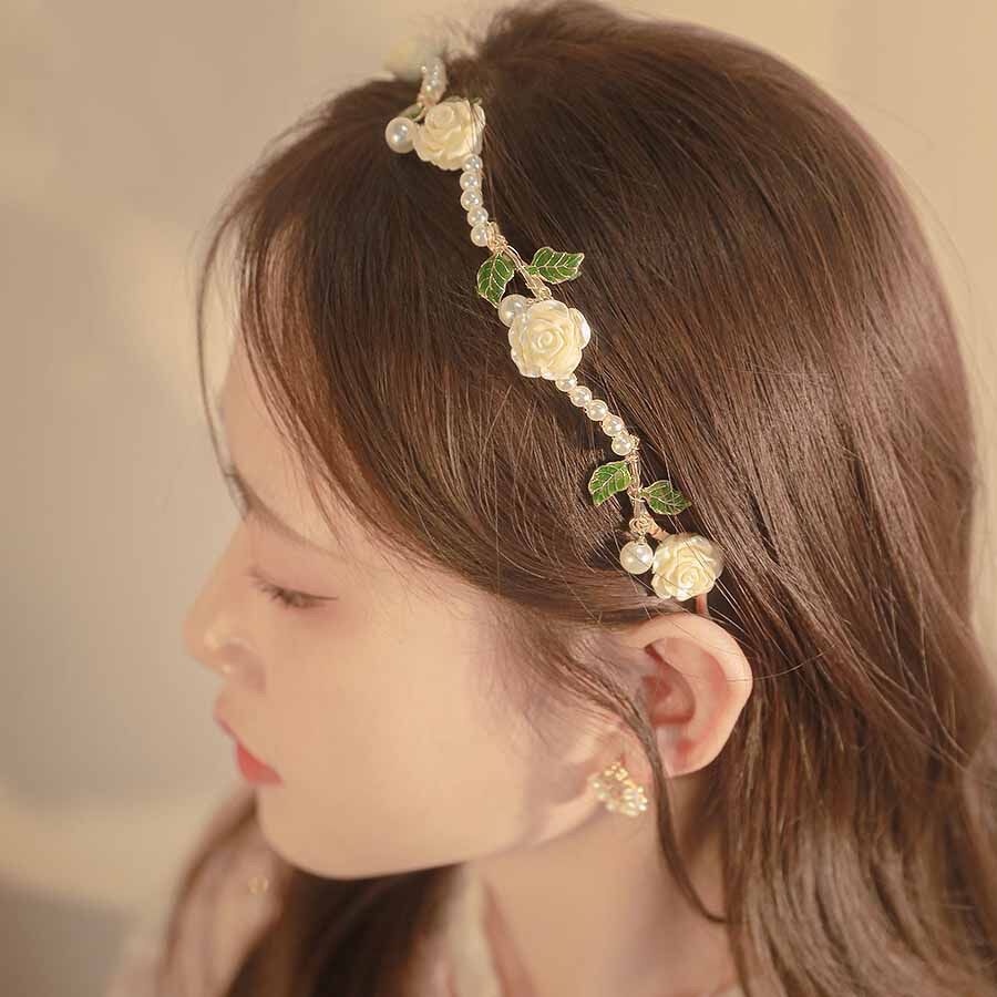 Korea Paduan Mutiara Bunga Bando Retro Elegan Manik-Manik Rambut Band Woman Wedding Aksesoris Rambut