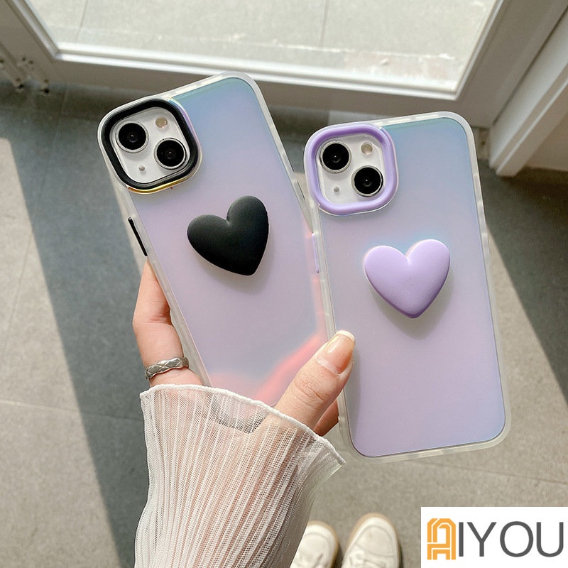 Lucu 3D Gradiasi Cinta Hati Ponsel Case Untuk iPhone 14 Pro Max13 11 XS Max XR 12 Lembut Shockproof Cover Kembali Tritone Kasus Shell