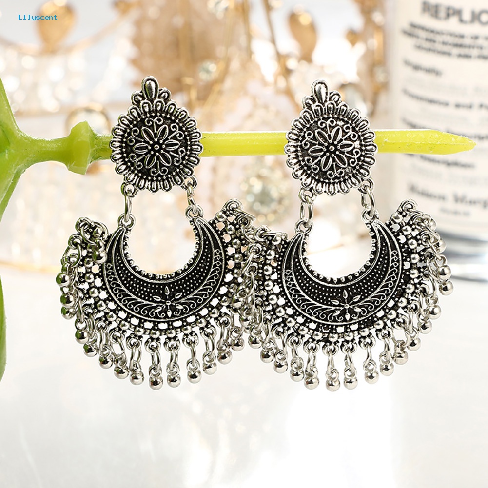 Lilyscent Bohemian Setengah Lingkaran Bulat Bola Rumbai Ukir Bunga Wanita Menjuntai Stud Earrings