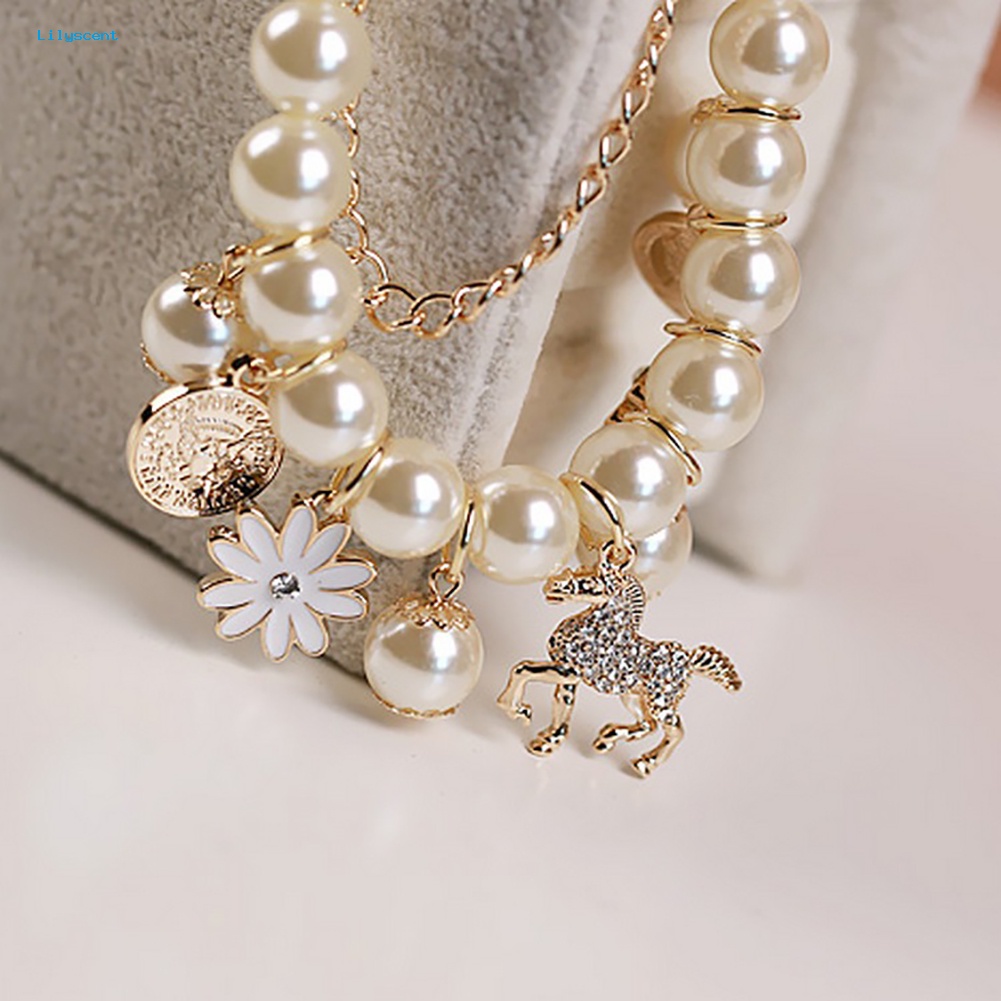 Lilyscent Horse Flower Charm Wanita Gelang Mutiara Imitasi Pesta Bangle Hadiah Fashion Perhiasan