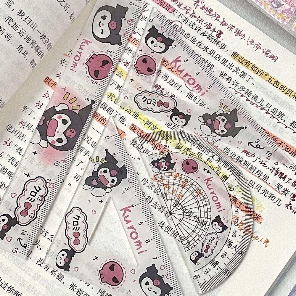 QUINTON Penggaris Segitiga Lurus Busur Derajat Set Kawaii Multifungsi Kantor Sekolah Kuromi Pochacco Dividing Ruler