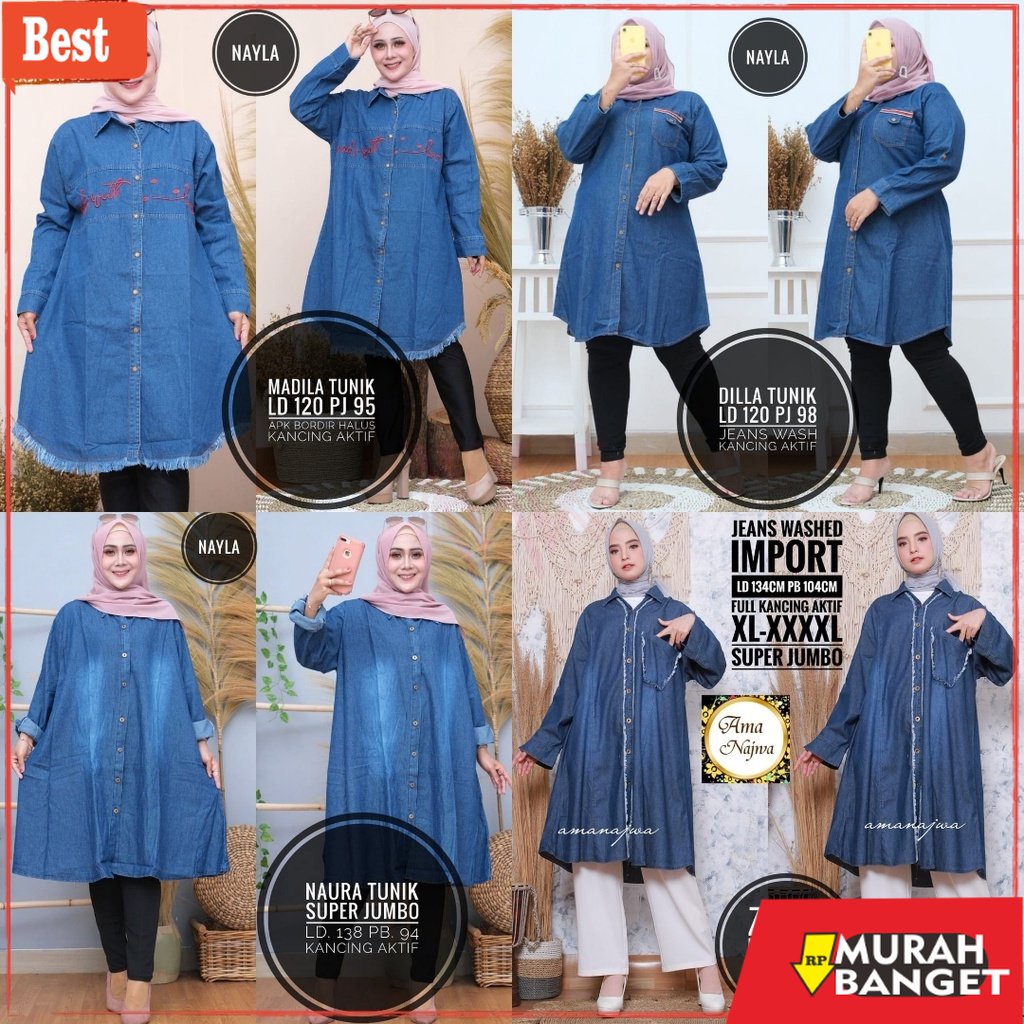 Tunik jumbo terbaru untuk wanita- Baju Wanita Dewasa Tunik Jeans Jumbo Ld 120 Ld 130 Ld 140 Ld 150 -