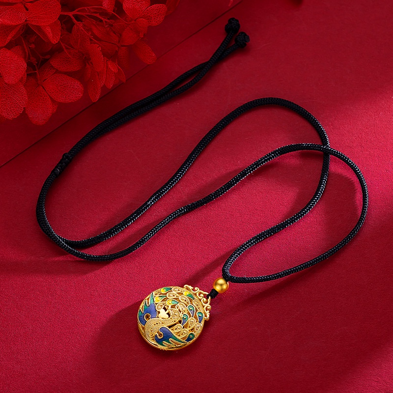 Goldkingdom Perhiasan Fashion 24K Bangkok Aksesoris Ready Stock Phoenix Liontin Wanita Lapis Emas Gufafu Bakar Enamel Biru Liontin