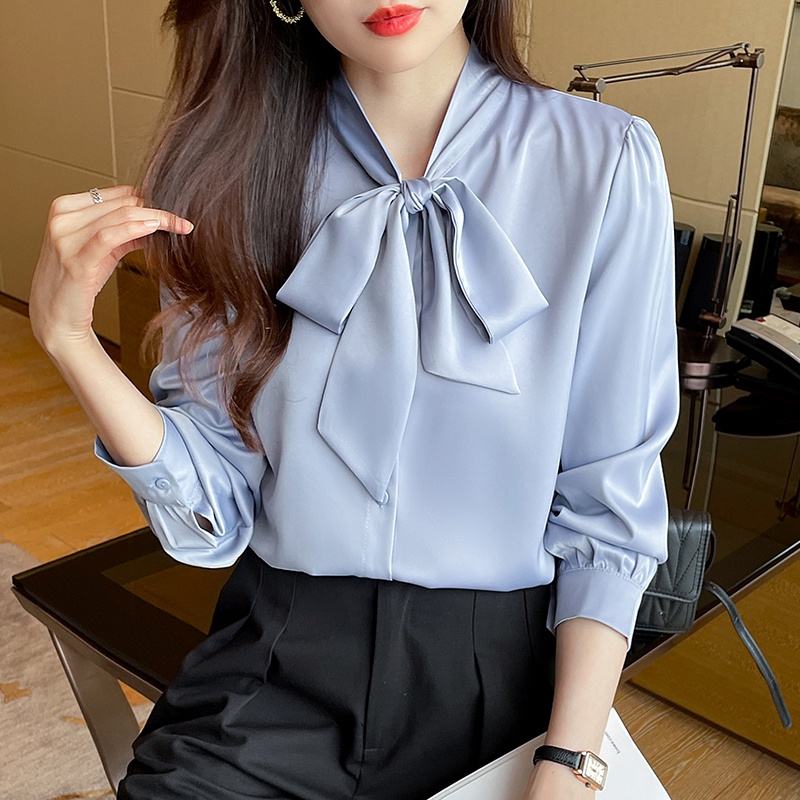 Kualitas Tinggi Aprikot Putih Hijau Biru Blus Lengan Panjang Warna Solid Fashion Korea Garis Leher Kemeja