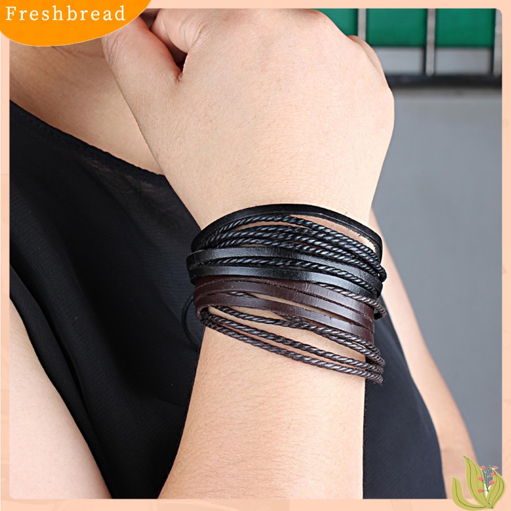 &lt; Freshbread &gt; Men Bracelet Vintage Multi Layers Faux Leather All Match Gelang Cowok Untuk Hadiah