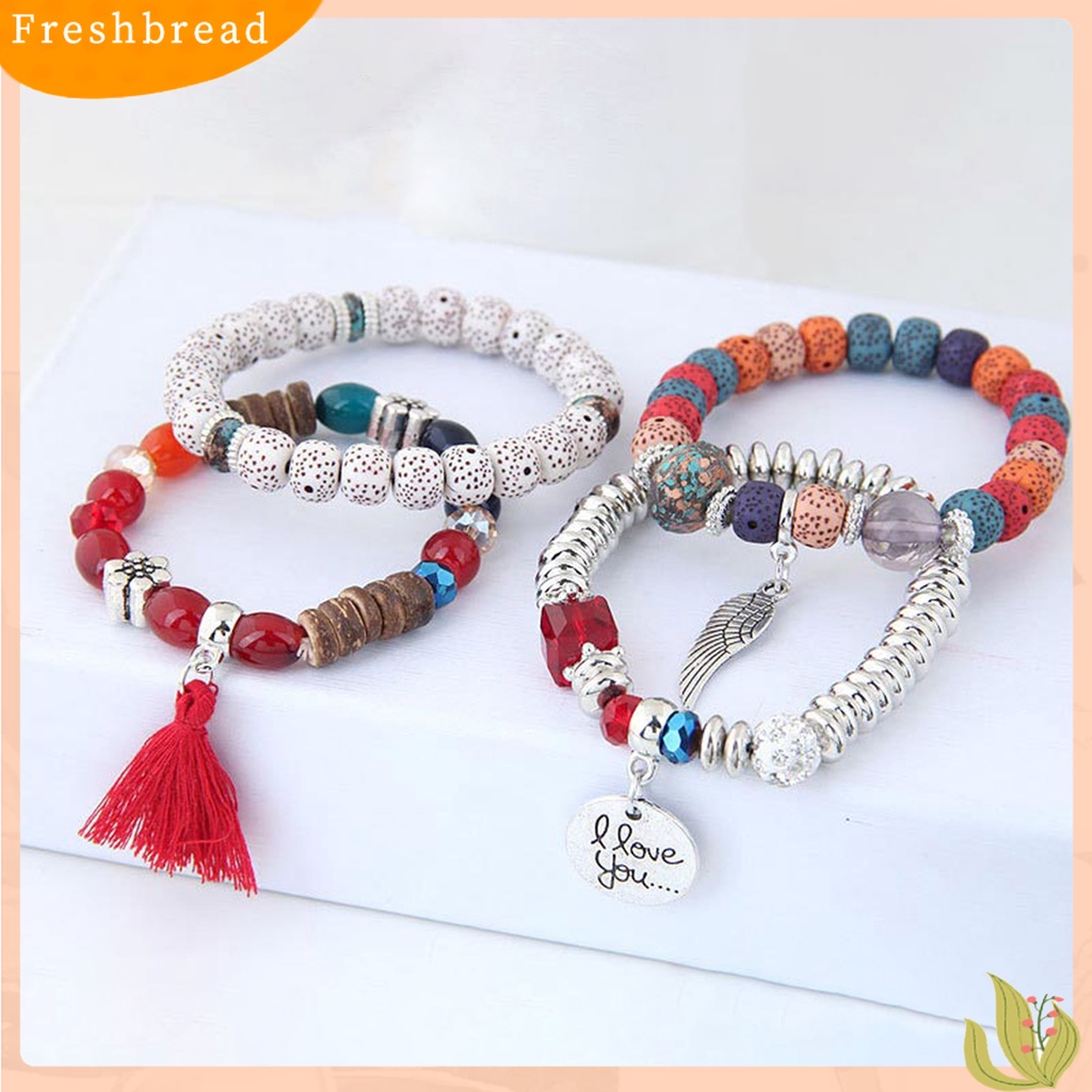 &lt; Freshbread &gt; 4Pcs/Set Gelang Manik-Manik Kayu Paduan Bergaya Yang Indah Menggemaskan Gelang Fashion Untuk Pesta